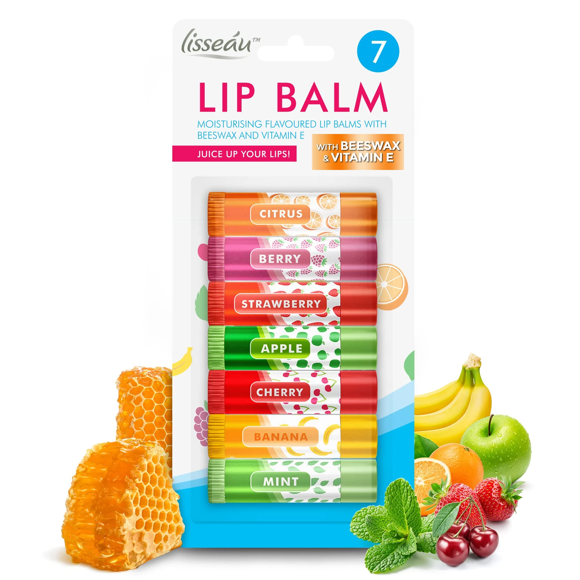 SOL 7pk Lip Balm Set Flavoured Moisturiser for Lips with Beeswax & Vitamin E - Fruit Lip Balm Set for Girls for Dry Chapped Lips - Moisturising Balms Multipack Sticks Girls Lipbalm for Daily Use