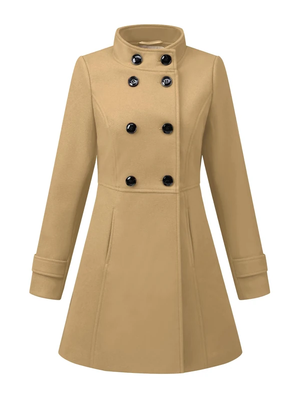 Allegra K Women's Stand Collar Double Breasted Slant Pockets Trendy Outwear Winter Coat, Khaki, L