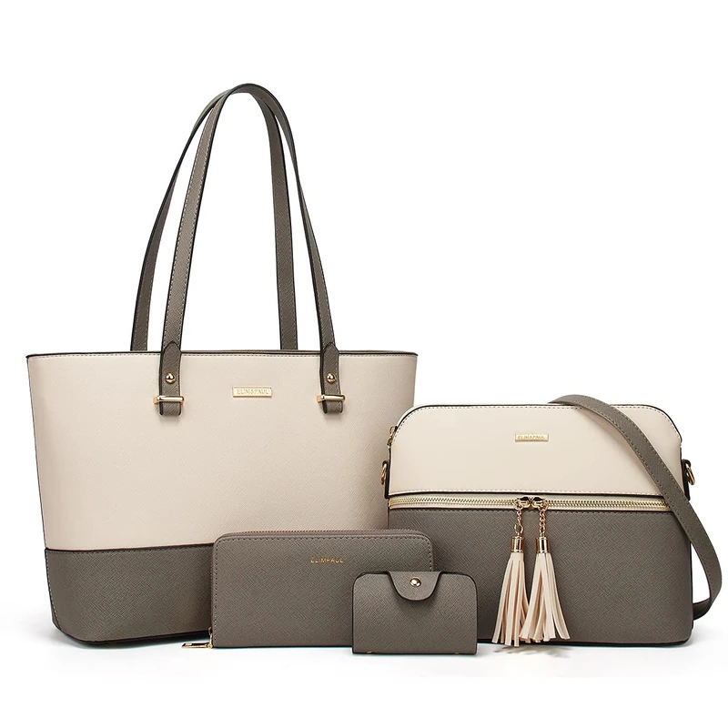 Lovematch Women Fashion Synthetic Leather Handbags Tote Bag Shoulder Bag Top Handle Satchel Purse Set 4pcs, Beige+gray, L