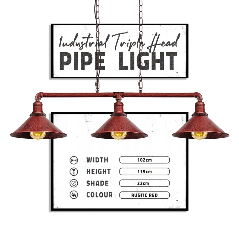 DC VOLTAGE Industrial Suspended Ceiling Pendant 3 Lamp Rustic Red Metal Water Pipe Vintage 22cm Shade with Hanging Chain Light Fitting for Living Room Home Decor & Improvement Essential