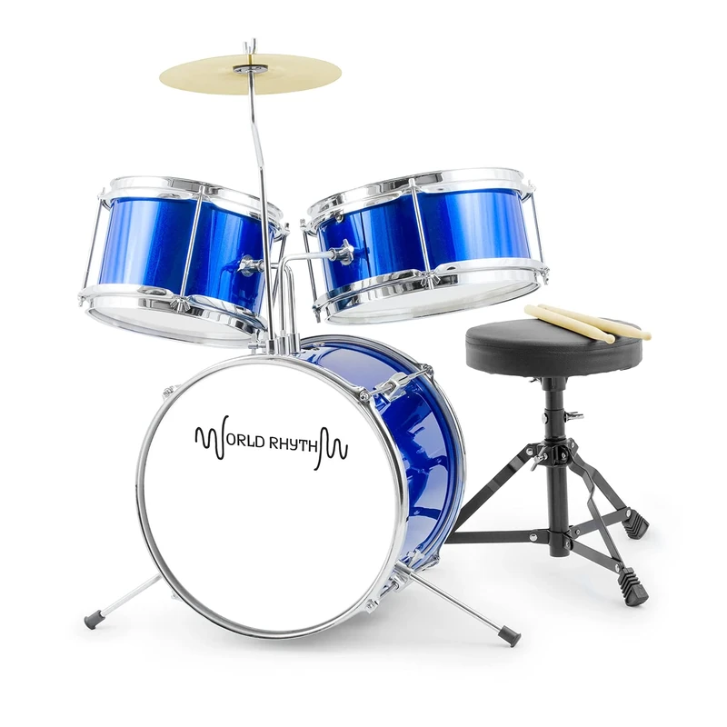 World Rhythm WR-602 3 Piece Junior Kids Drum Set, with 12" Bass Drum, Throne and Drumsticks - Blue