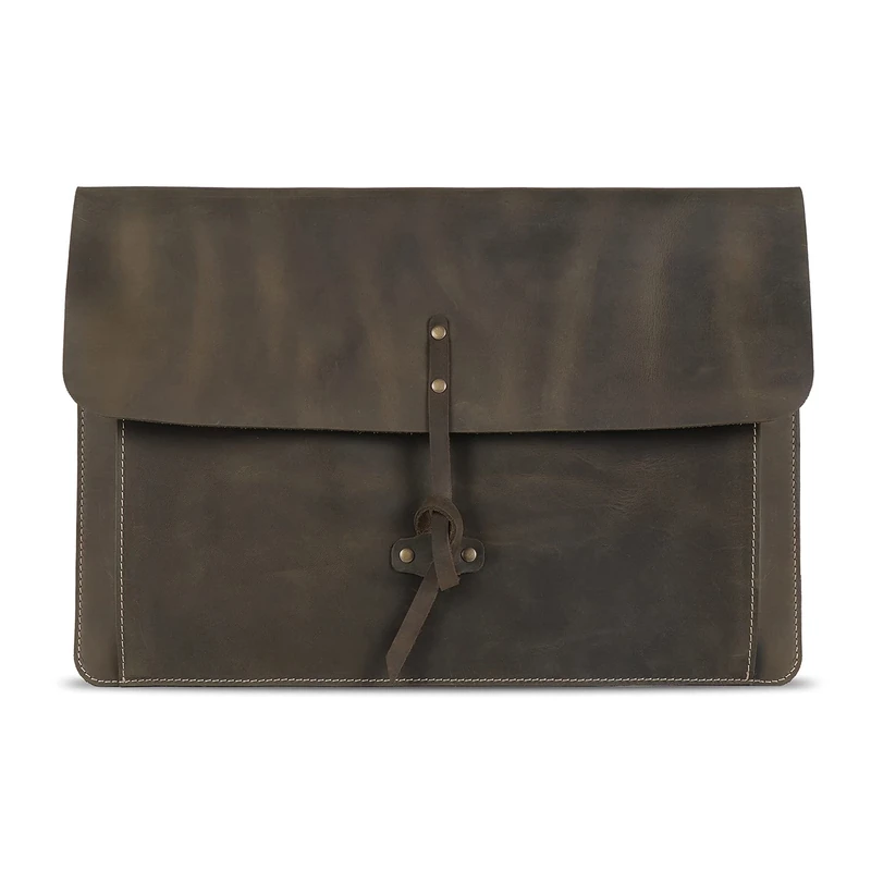 Londo Real Grain Leather MacBook Pro Case with Front Pocket & Flap Closure (Olive, 15-16 Inches)