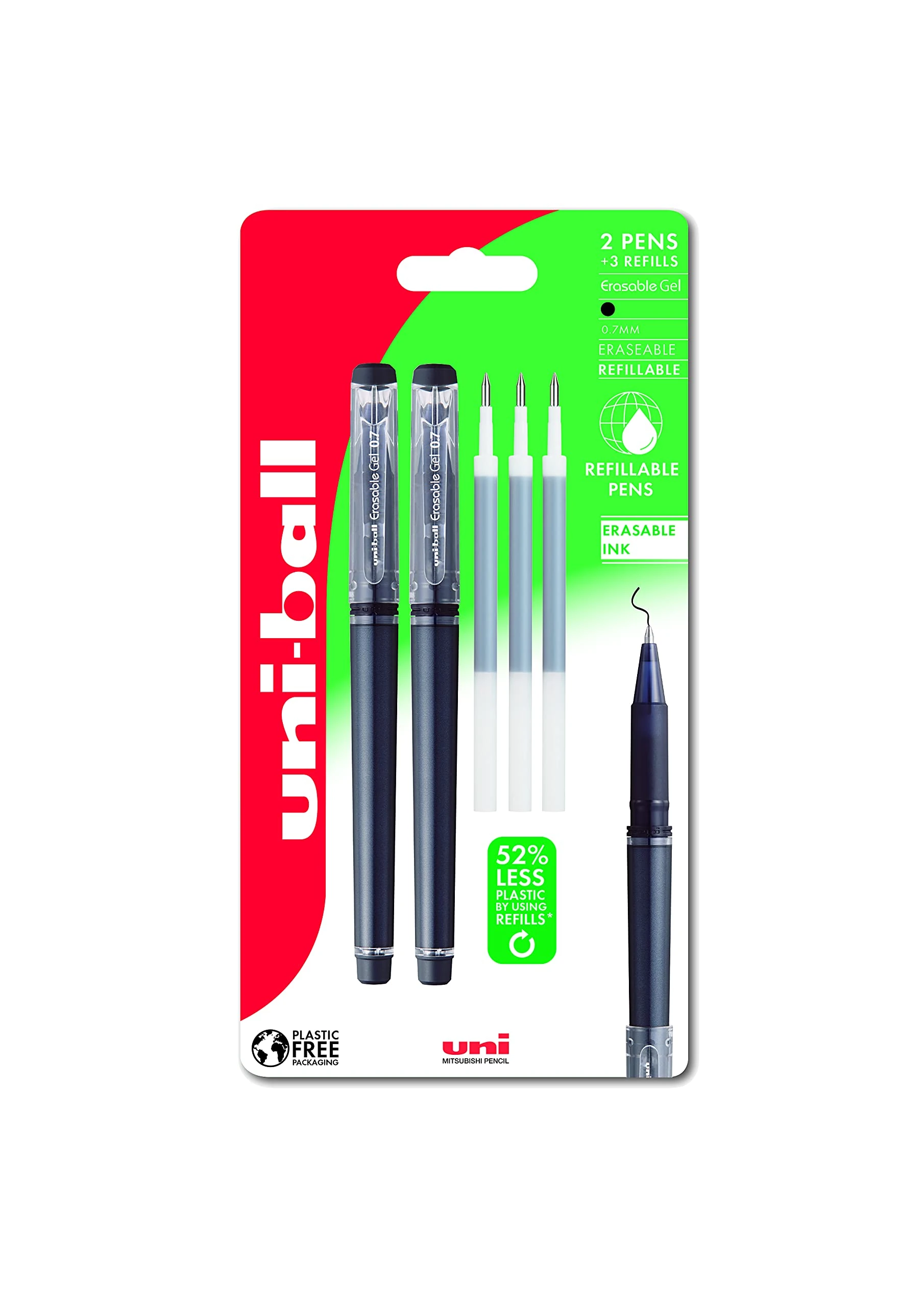 uni-ball UF-222-07 Erasable Rollerball Gel Pens. Premium 0.7mm Ballpoint Tip for Super Smooth Writing, Drawing & Colouring. Easy-Retract Eraser for Secure and Stable Rubbing Out. 2 + 3 Refills Black