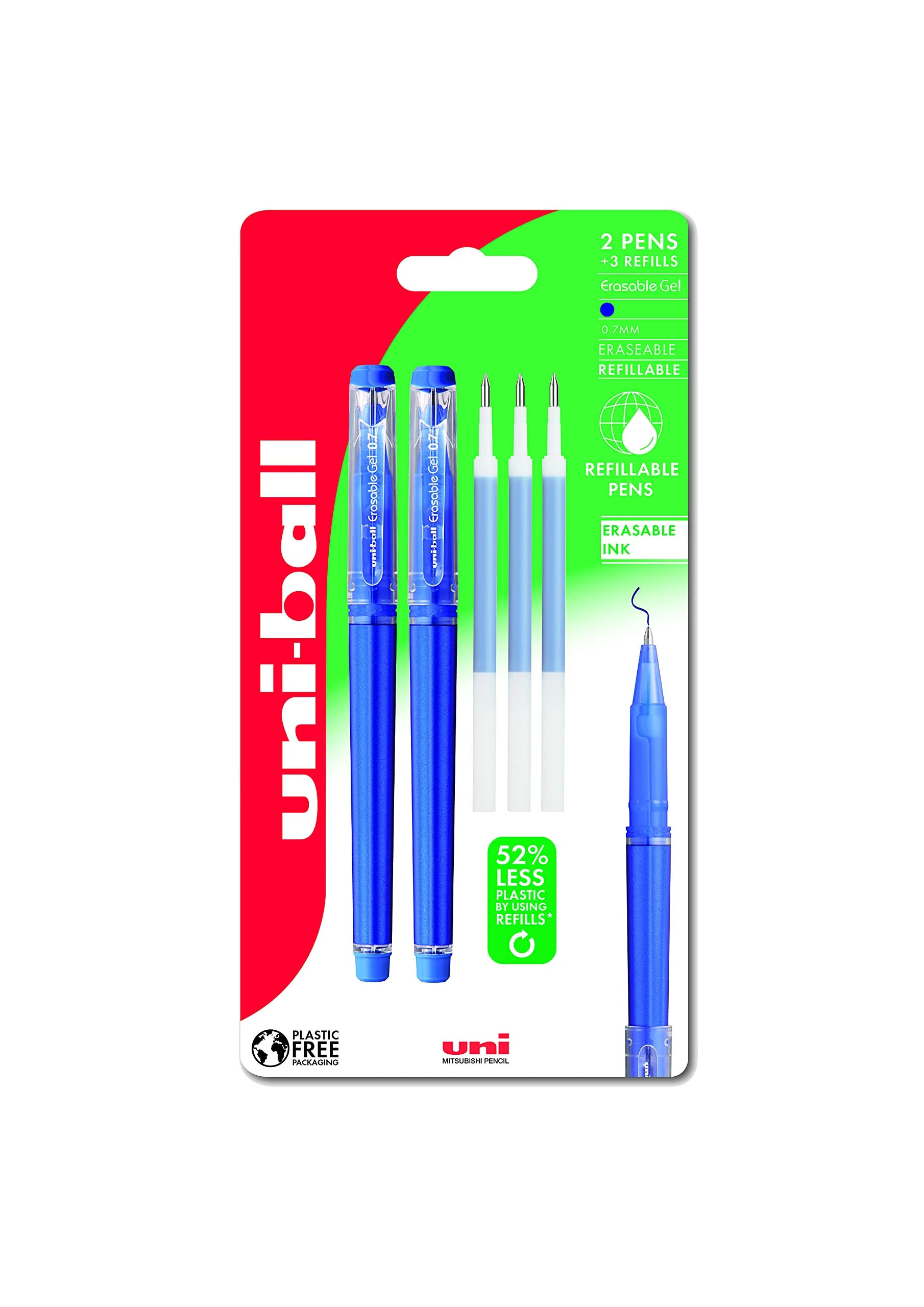 uni-ball UF-222-07 Erasable Rollerball Gel Pens. Premium 0.7mm Ballpoint Tip for Super Smooth Writing, Drawing & Colouring. Easy-Retract Eraser for Secure and Stable Rubbing Out. 2 + 3 Refills Blue