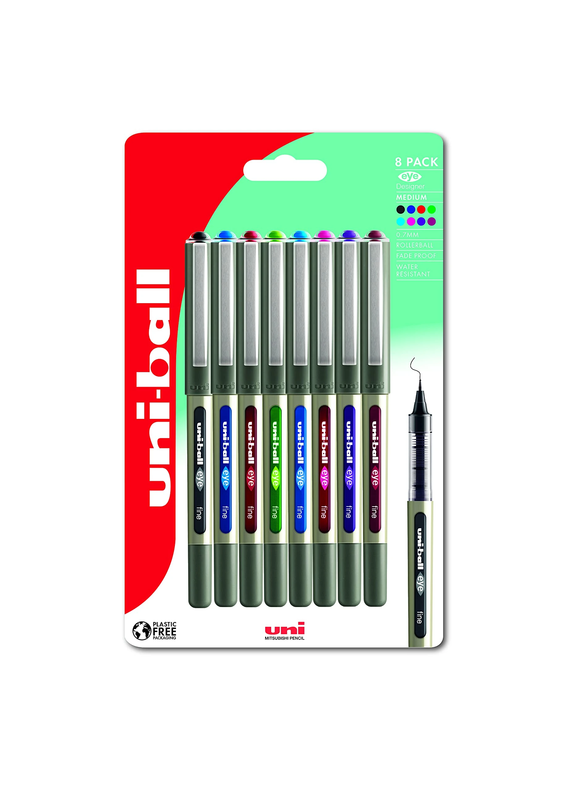 uni-ball UB-157 Eye Rollerball Pens. Premium Fine 0.7mm Ballpoint Tip for Super Smooth Handwriting, Drawing, Art, Crafts and Colouring. Fade and Water Resistant Liquid Uni Super Ink. 8 Pack Assorted