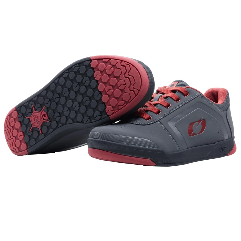 O'NEAL | Mountain Bike Shoes | MTB Downhill Freeride | Vegan | Balance Between Grip and Foot repositioning, Honeycomb Sole Structure | Pinned Flat Pedal V.22 Shoe | Adult | Grey Red | 37