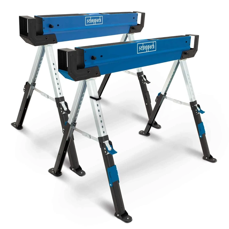 Scheppach MWB600 SawHorse Set of 2 Trestles | Foldable, Portable & Compact Work Bench | 2 x 589kg Load | Adjustable Height 61.8–82cm | Non-Slip Feet | Woodworking DIY Workshop