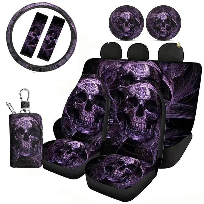 Jeiento Purple Skull Car Seat Cover Protector Full Set 10 pcs Front & Rear Seat Cover SUV Car Sedan with Steering Wheel Cover + Seatbelt Strap Cover+ Coasters+ Key Chains Universal Fit