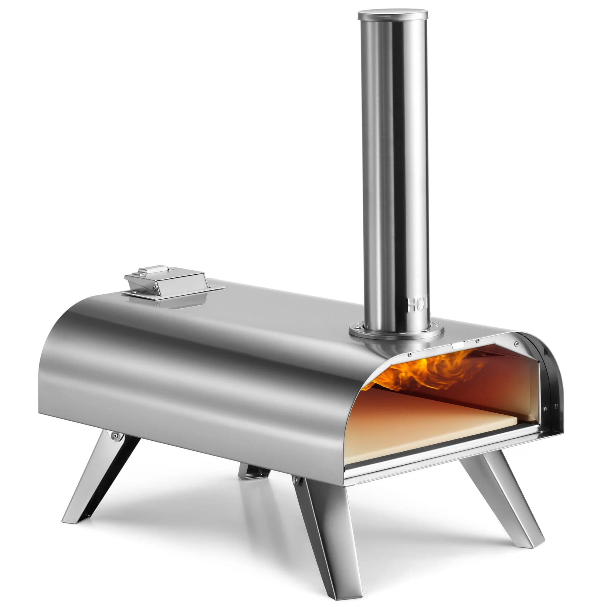 VonHaus Pizza Oven Outdoor – For Tabletop with Stone Included – Stainless Steel, Pellet Fuelled, Removable Chimney, Foldable Legs – For up to 12” Dough – Can Also Smoke Meat, Fish & Veg