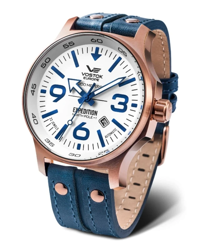 Vostok Europe YN55 Expedition North Pole 1 Men's Watch with Multiple Rivets, Leather Strap, Automatic Date, Blue, Strap.