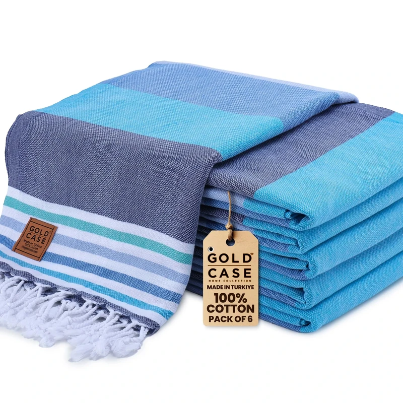 GOLD CASE HOME COLLECTION Olympos Turkish Beach Towel Set of 6-100% Cotton & Sand Free Towels for Vacation Essentials - XXL Pre Washed Quick Dry Travel Bath Towel - 70 x 38 Inches - Blue