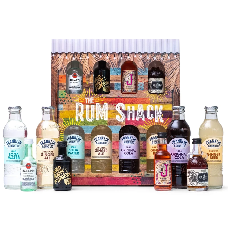 Spiced Rum Gift Set - 4x 5cl Dead Mans Fingers, Kraken, Barcardi White & Old J Cherry Rum, 4x Premium Franklin & Sons Mixers - Cocktail Rum Gifts for Men, Alcohol Miniatures, Birthday, Valentines
