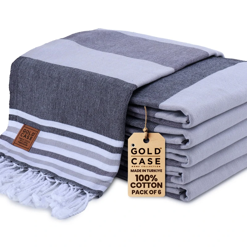 Gold Case - Set of 6 XXL 70x39 Original OLYMPOS Pestemal Towels - 100% Natural Turkish Cotton - Quick Dry, Ultra Lightweight Towel for Beach, Bath, SPA, Gym, Yacht, Throw, Blanket (Olympos-Black)