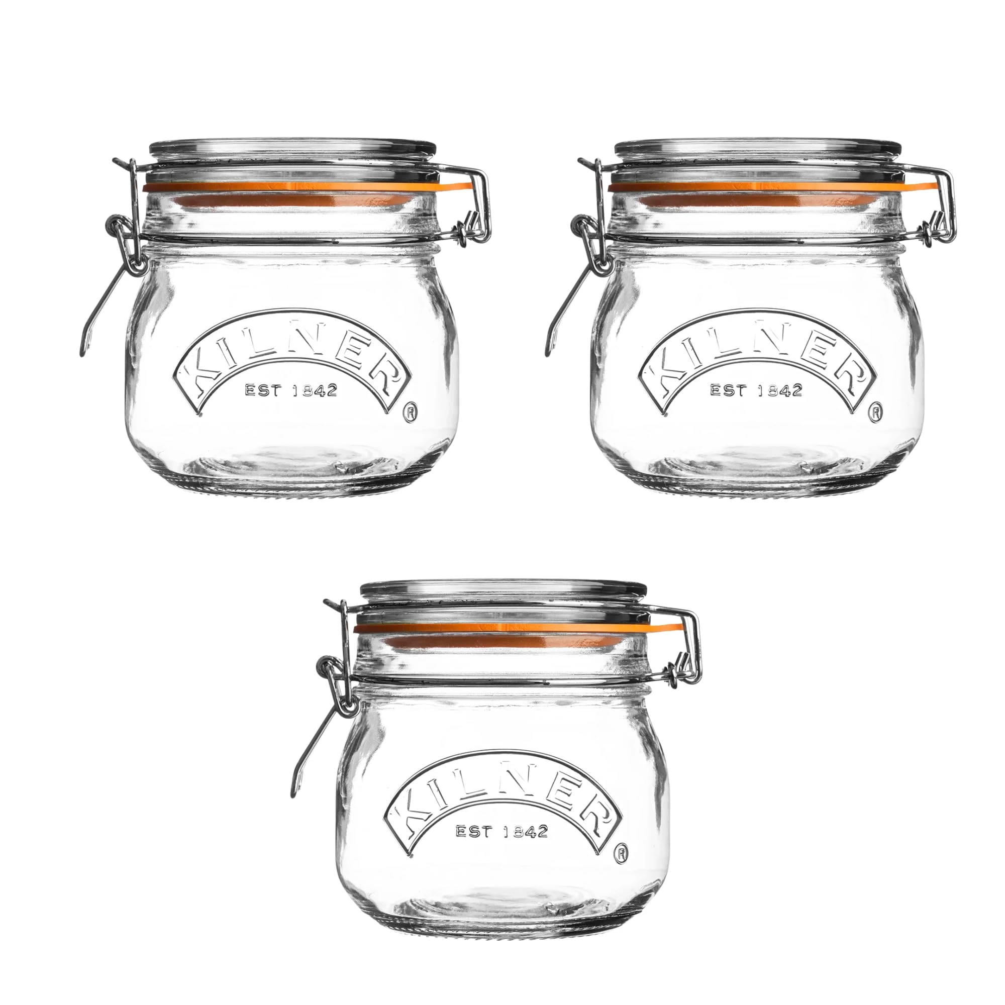 Kilner Set of 3 Round Clip Top Jars 0.5 Litre (3 x 500 ml) Airtight Glass Storage Jars for Preserving Jams Dry Foods Reusable