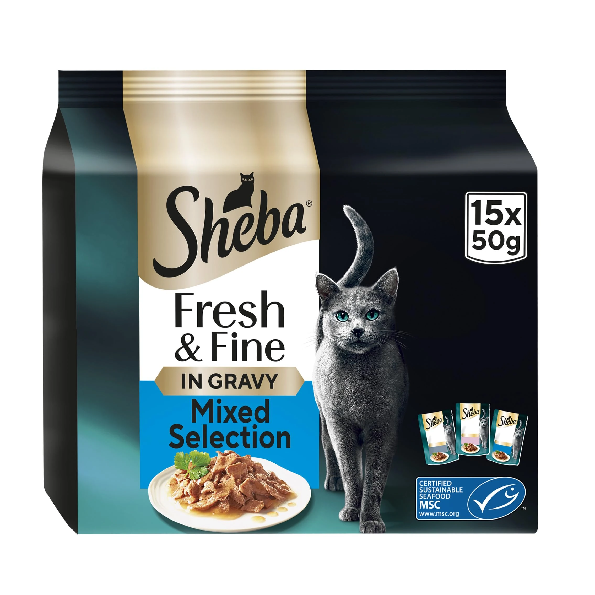 Sheba Cat Wet Food - Fresh and Fine - Cat Pouches Fish in Gravy - 3 x 15 x 50 g