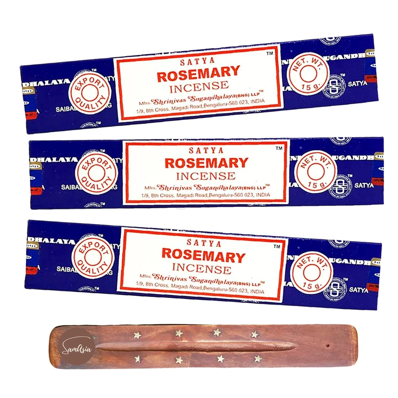Satya Nag Champa Rosemary Incense Sticks | x3 pack | with SAMASIA incense sticks holder | Used for Aromatherapy, Spa, Yoga, Weddings, Meditation, Healing, Positivity and Relaxation