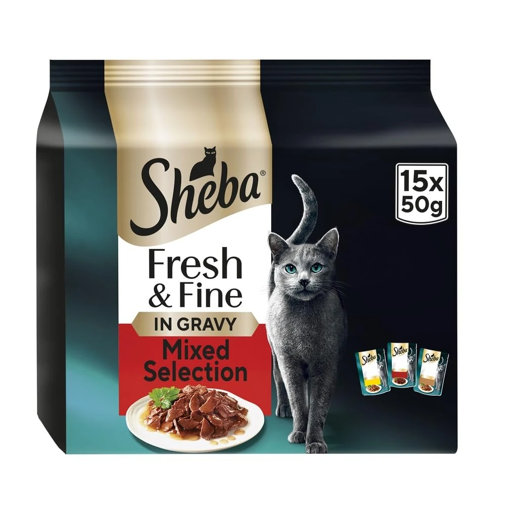 Sheba Cat Wet Food - Fresh and Fine - Cat Pouches Meaty Pieces in Gravy - 15 x 50 g (Pack OF 3)