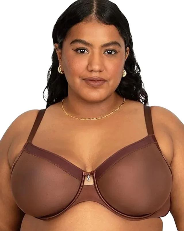Curvy Couture Women's Sheer Mesh Full Coverage Unlined Underwire Bra, Chocolate, 36DD - Image 1
