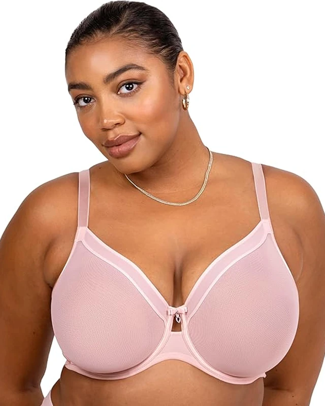 Curvy Couture Women's Sheer Mesh Full Coverage Unlined Underwire Bra, Blushing Rose, 34F