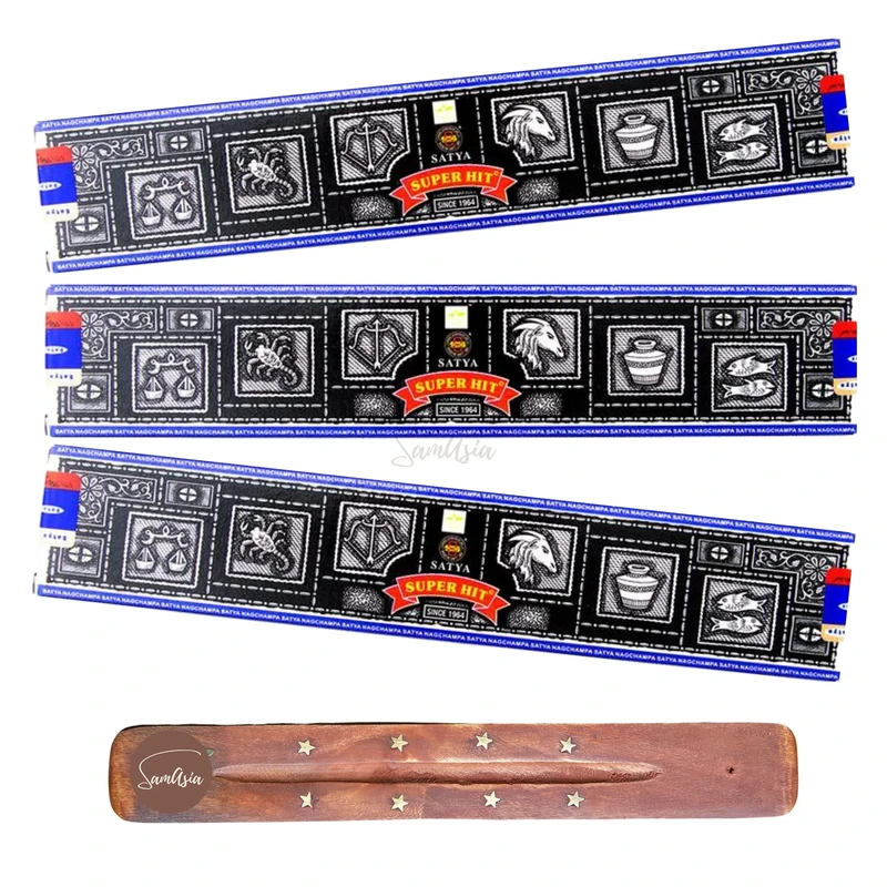 Satya Nag Champa Super Hit Incense Sticks | x3 pack | with SAMASIA incense sticks holder | Used for Aromatherapy, Spa, Yoga, Weddings, Meditation, Healing, Positivity and Relaxation