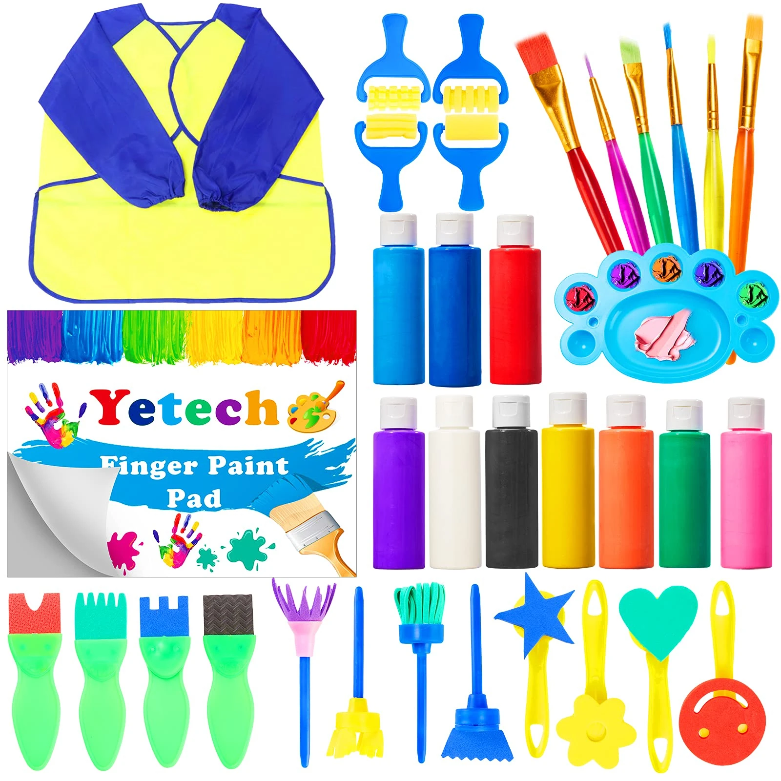 Yetech Kids Washable Finger Paints Set with 10 colors Non-Toxic Pigment(60ml), Waterproof Apron, Brushes, Finger Paint Pad, Toddlers Kids Painting Set for Paper, Kindergarten DIY Projects
