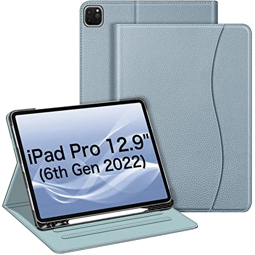 FINTIE Case Compatible with iPad Pro 12.9 inch (2022/2021/2020/2018, 6th/5th/4th/3rd Generation), Multi-Angle Smart Stand Cover w/Pencil Holder & Pocket, Auto Sleep/Wake, Frozen Blue