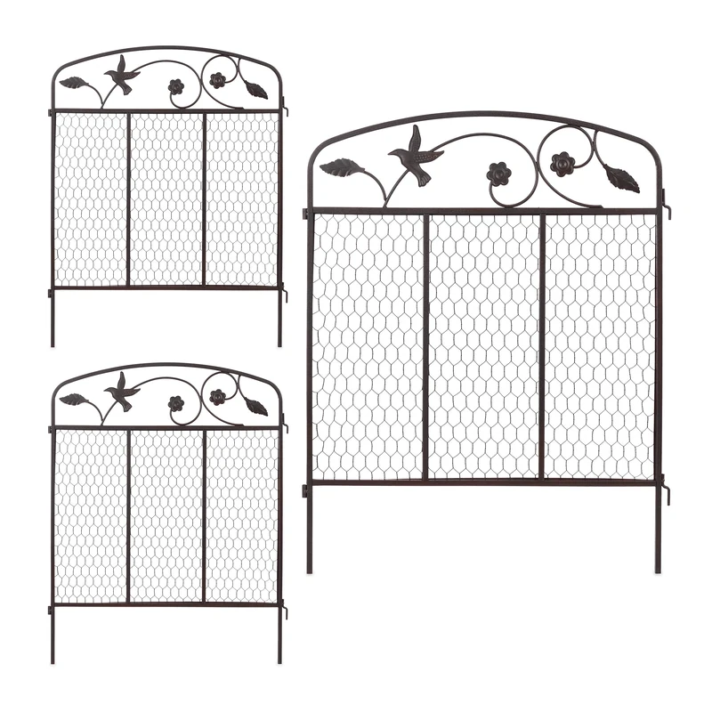Relaxdays decorative garden fencing, lawn edging, set of 3, push into ground, 63 x 79 cm (LxH), metal, dark brown