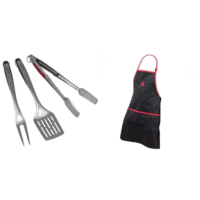Char-Broil 140 767 - Comfort Grip 3 piece toolset, Stainless Steel. & 140 517 - Grilling Apron with Pockets, Black and Red.
