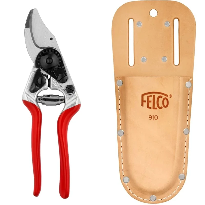 Felco Model 14 Secateurs, Red & F-910 Model Leather Holster, Brown
