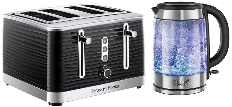 Russell Hobbs 21600-10 Illuminating Glass Kettle, Black, 1.7 Litre, 3000 Watt & 24381 Inspire High Gloss Plastic Four Slice Toaster, Black