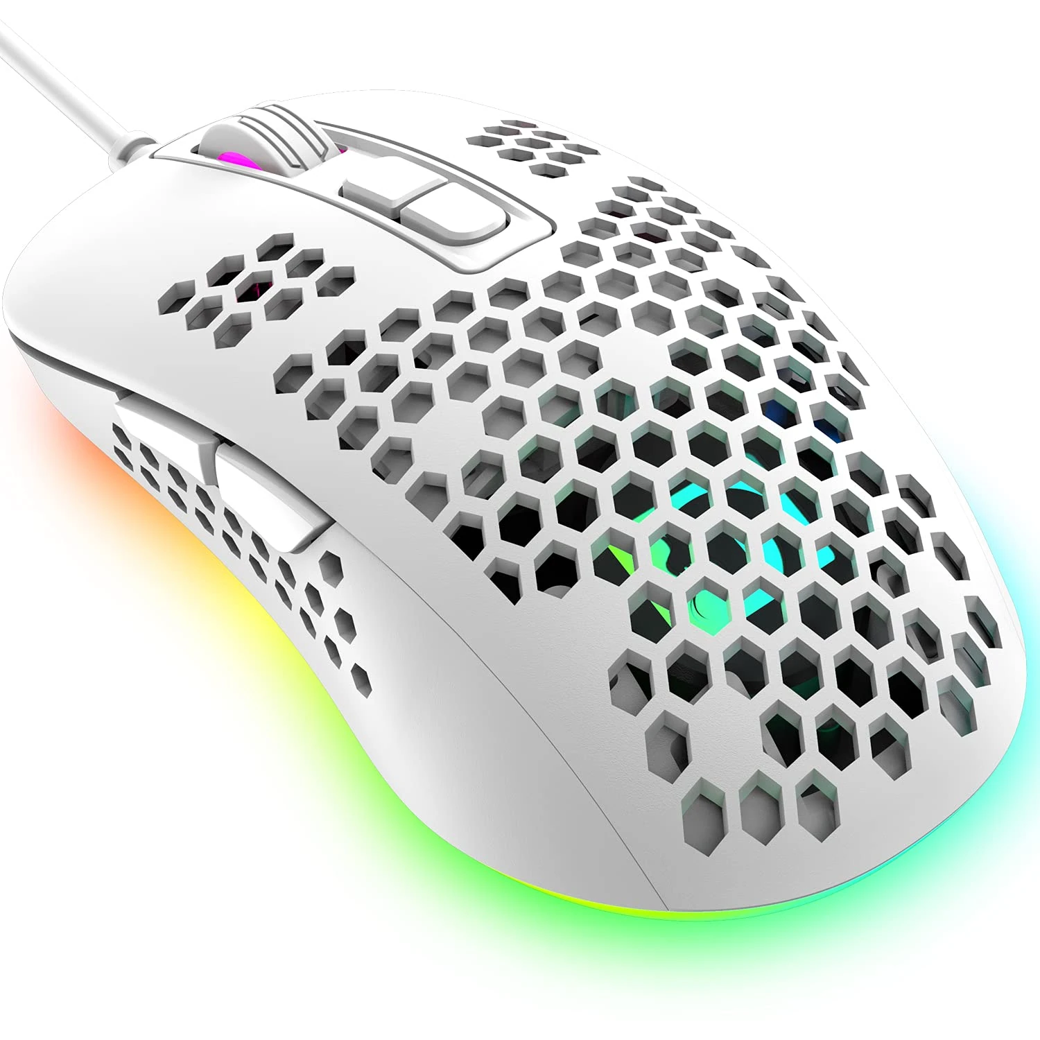 KUIYN 383 Ultralight Wired Gaming Mouse, Lightweight Honeycomb Shell, 4 RGB Breathing Backlit Mice, 4 Adjustable DPI 2400, USB Optical Computer Mice for Win10/XP/Xbox/PS4/PS5/Mac/Air/HP/Acer (White)