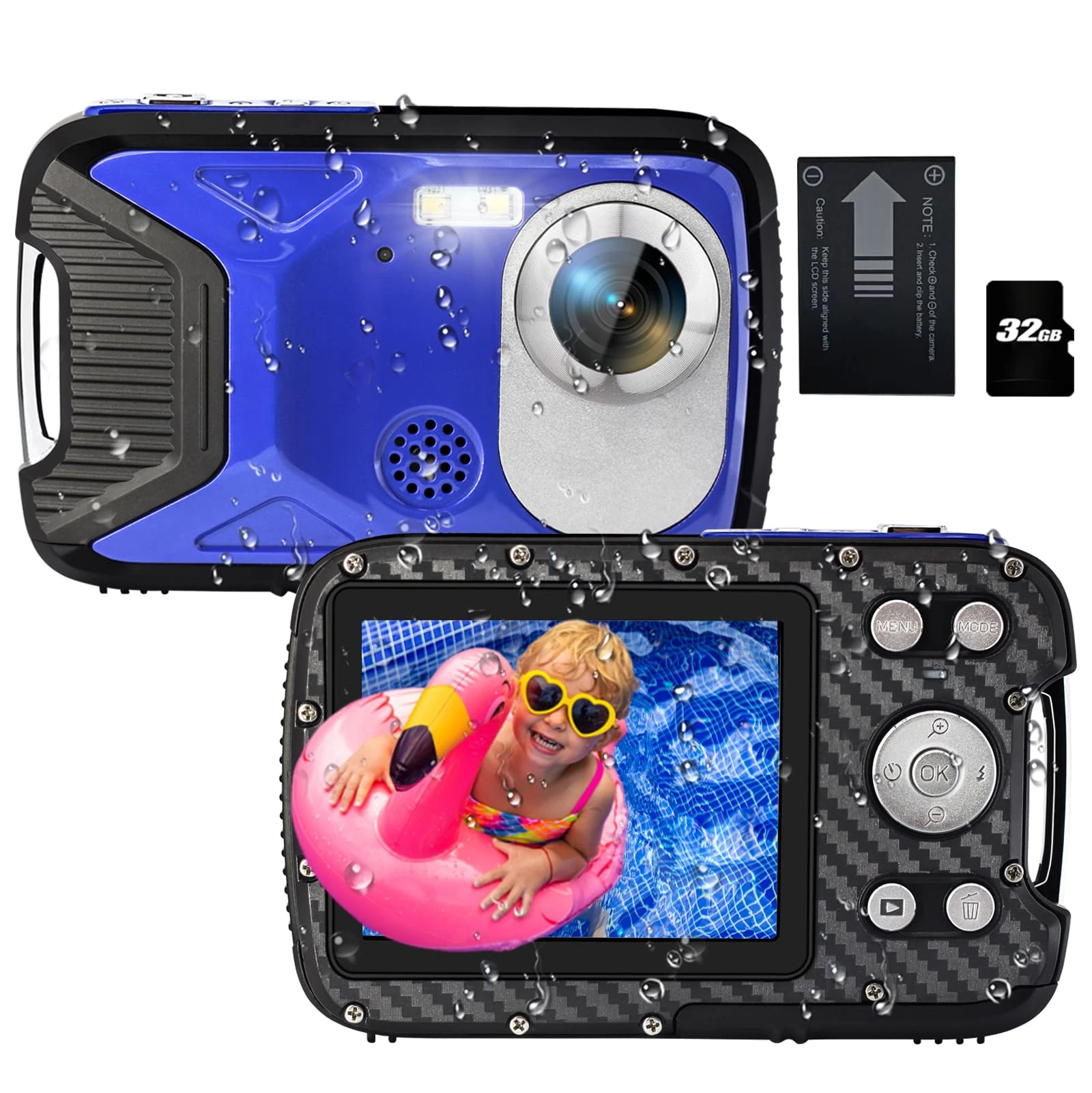 Digital Camera,Kids Waterproof Camera for Snorkeling,30MP 1080P Point and Shoot Cameras with 2.8" 18X Digital Zoom,17FT Underwater Camera with a Battery and 32GB Micro Card Compact Cameras