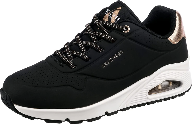 Skechers Women's Uno - Shimmer Away Sneaker, Black Durabuck Rose Gold Duraleather Trim, 5.5 UK
