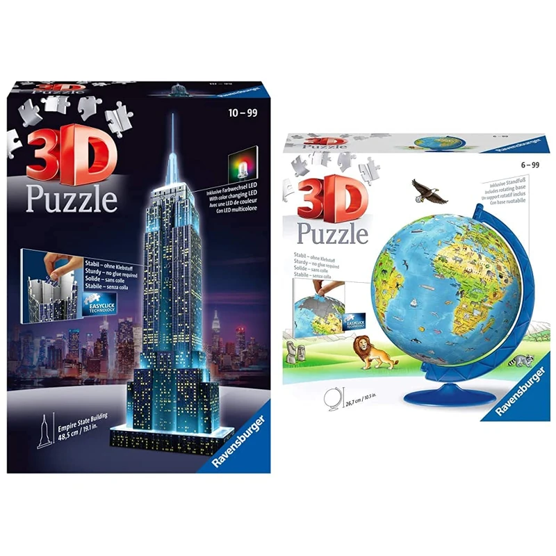 Ravensburger Empire State Building Night Edition 216 piece 3D Jigsaw Puzzle with LED lighting for Adults & for Kids Age 10 and Up & Children's World Globe 180 piece 3D Jigsaw Puzzle, 6 years and up