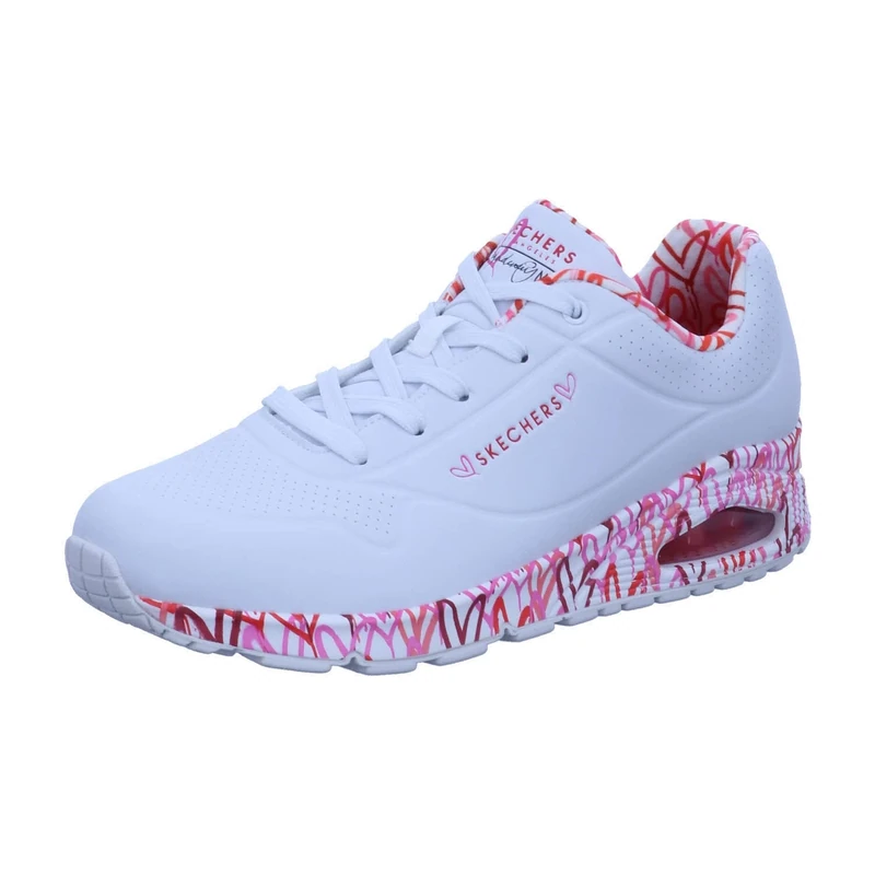 Skechers Women's Uno Loving Love Sneaker, White Durabuck Red Pink Mesh Trim, 4 UK