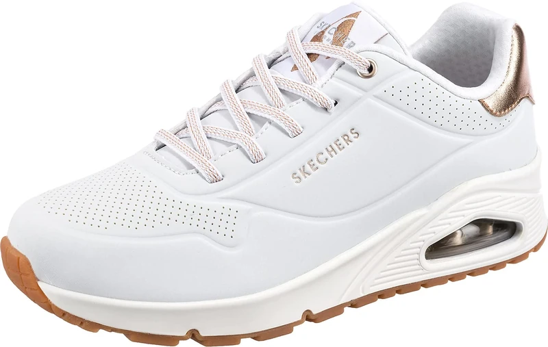 Skechers Women's Uno - Shimmer Away Sneaker, White Durabuck Rose Gold Duraleather Trim, 5.5 UK