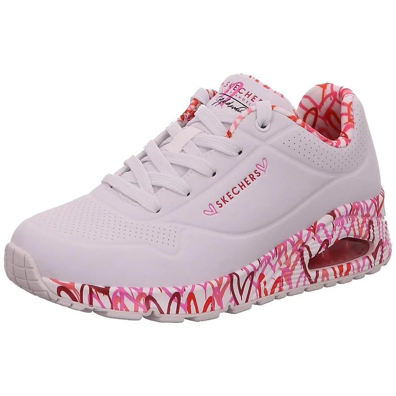 Skechers Women's Uno Loving Love Sneaker, White Durabuck Red Pink Mesh Trim, 8 UK