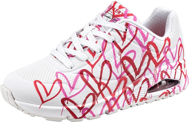 Skechers Women's UNO Spread The Love Sneaker, White W Red and Pink Heart Print Durabuck M, 8 UK