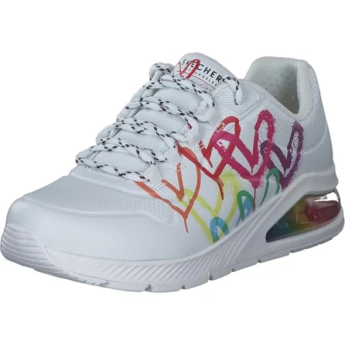 Skechers Women's Uno 2 Floating Love Sneaker, Wht Duraleather Multi Color Heart Print Trim, 6.5 UK