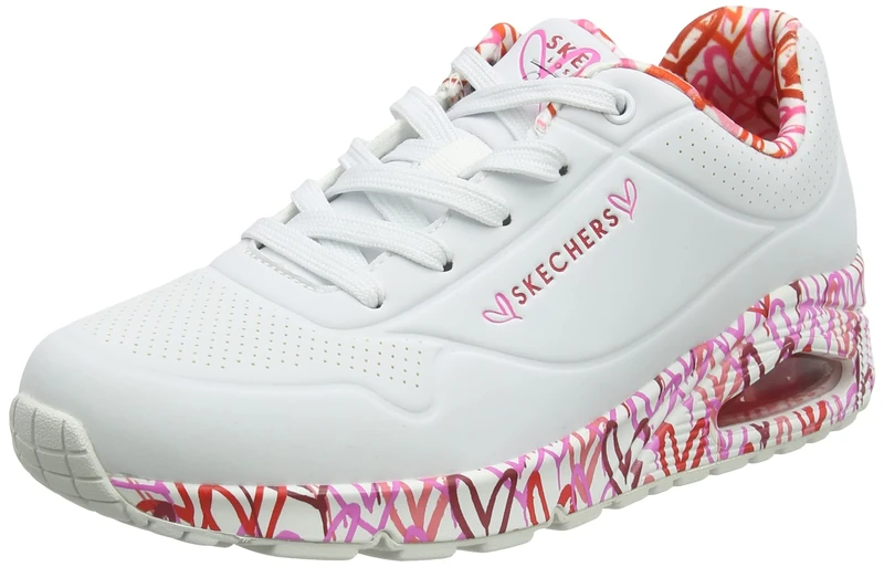 Skechers Women's Uno Loving Love Sneaker, White Durabuck Red Pink Mesh Trim, 4.5 UK