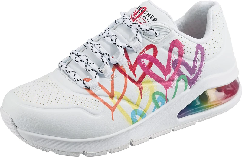 Skechers Women's Uno 2 Floating Love Sneaker, Wht Duraleather Multi Color Heart Print Trim, 5.5 UK
