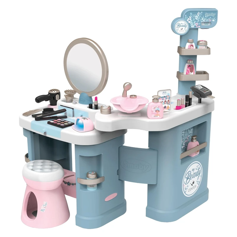Smoby My Beauty Pretend Play Roleplay Salon with Stool and Mirror, Vanity Station with Lights and Sounds Includes 32 Accessories and Foldable For Storage, For Children From 3+