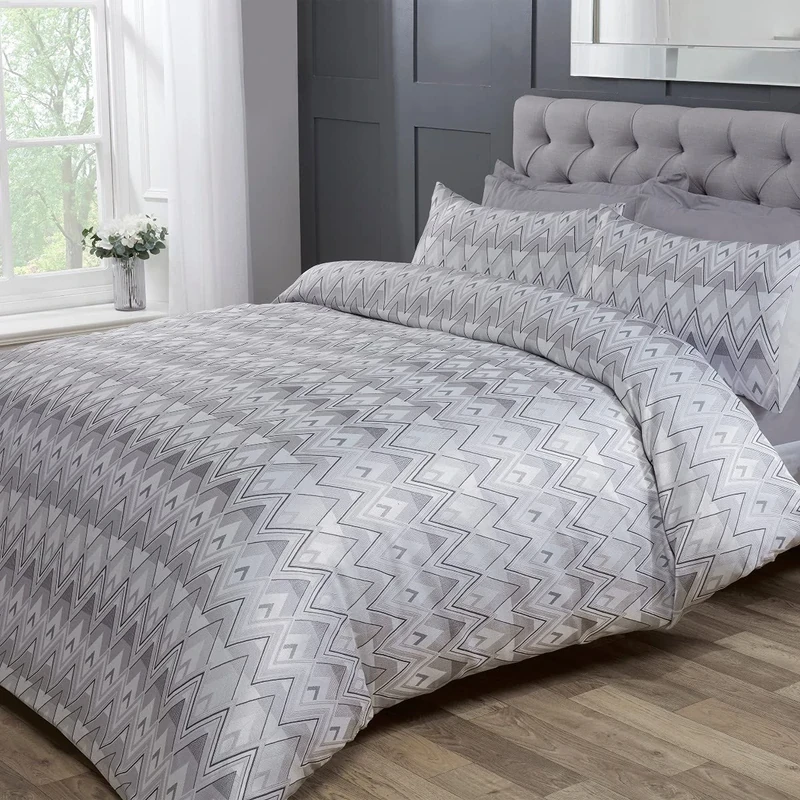 Sleepdown Chevron Jacquard Zig Zag Geometric Stripe Light Grey White Luxury Duvet Cover Quilt Bedding Set with Pillowcases - King (220cm x 230cm)