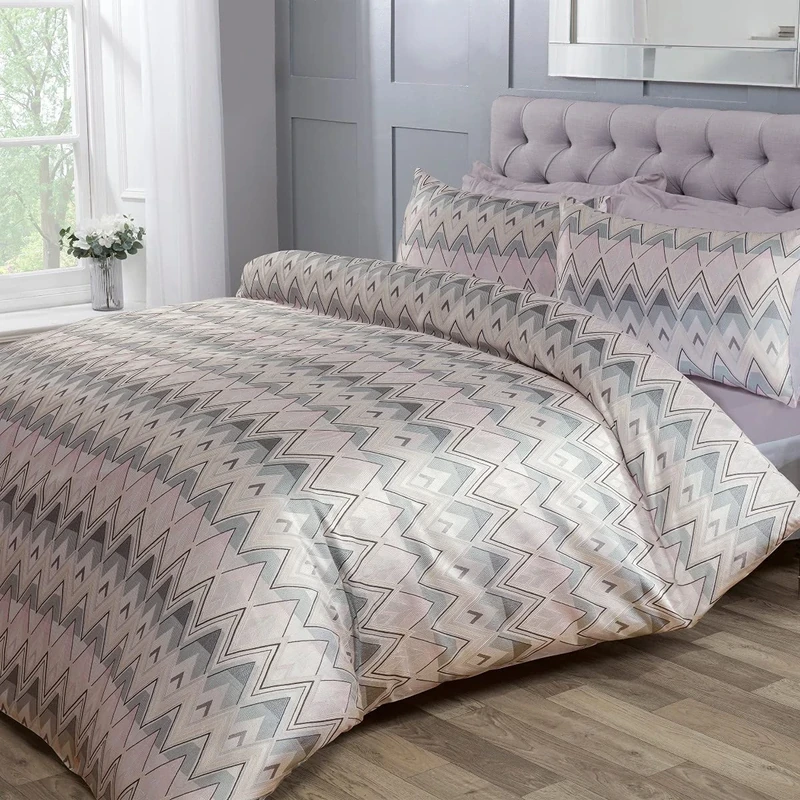 Sleepdown Chevron Jacquard Zig Zag Geometric Stripe Soft Pink Grey Luxury Duvet Cover Quilt Bedding Set with Pillowcases - Super King (220cm x 260cm)