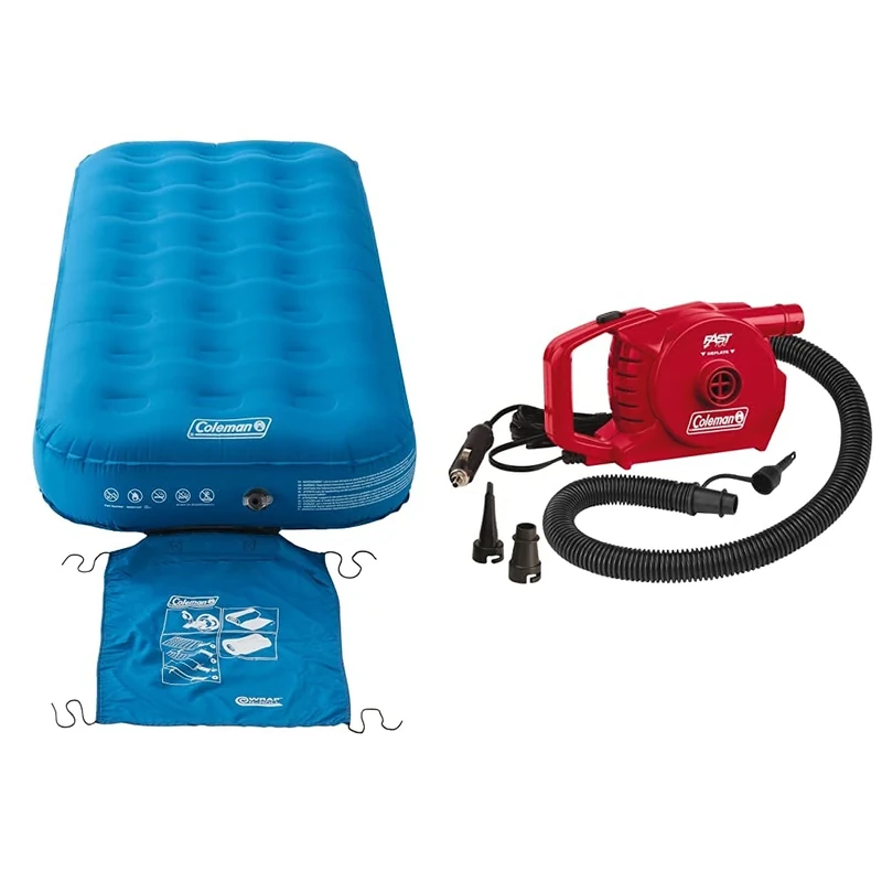 Coleman Airbed Extra Durable Single, Camping bed, Flocked Single Air Bed, Inflatable Air Mattress, Heavy Duty Airbed, Comfort Blow Up Bed & 12 Volt Quick Pump - Red, 20.5 x 0 x 12.5 cm