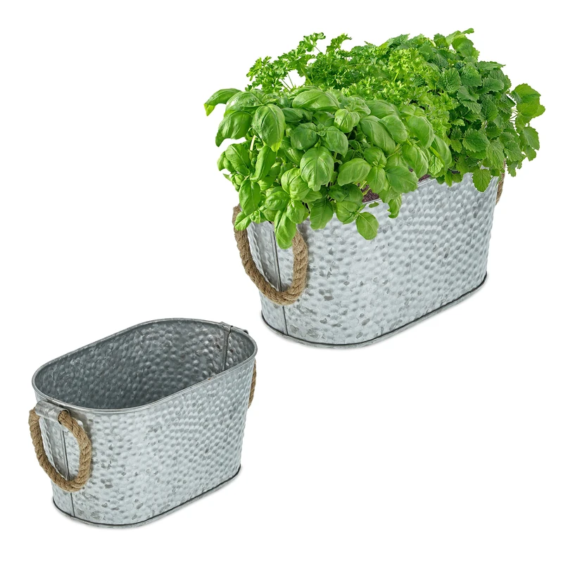 Relaxdays 2x Zink Planters in 2 Sizes, Oval Flower Tubs with Jute Handles, for Plants & Herbs, Garden & Balcony, Silver