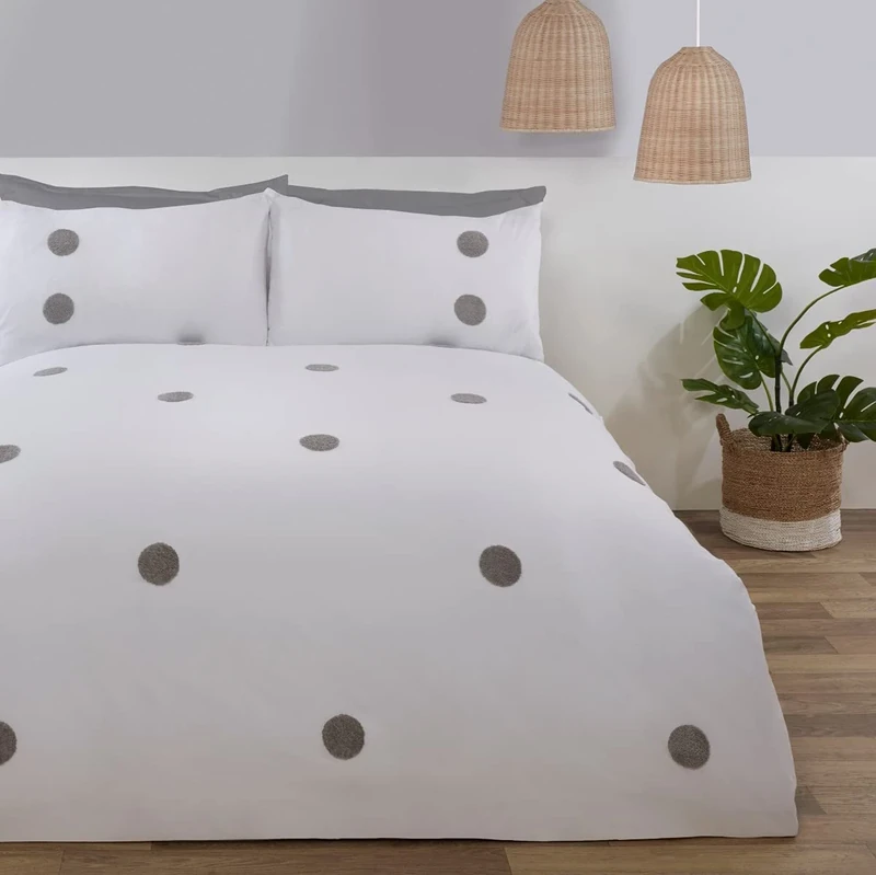Sleepdown Embroidered Tufted Polka Dot Circles White Silver Luxury Soft Cosy Easy Care Duvet Cover Quilt Bedding Set with Pillowcases - King (230cm x 220cm), 5056242835998