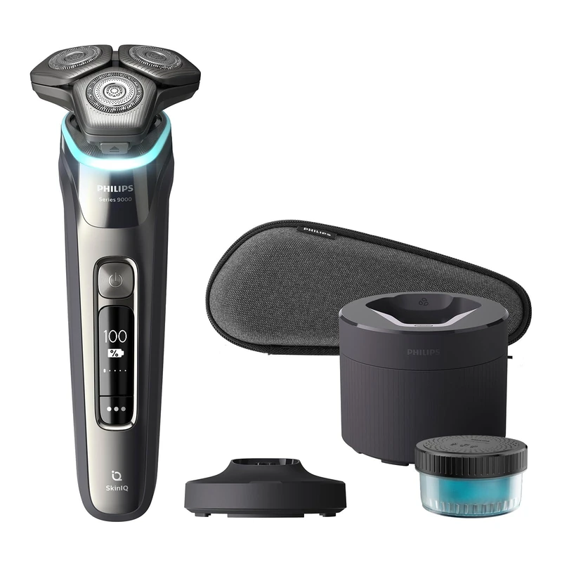 Philips Shaver Series 9000, Wet and Dry Electric, Dark Chrome, with Lift & Cut Shaving System and SkinIQ Technology, Pop-up Trimmer, Cleaning Pod, Charging Stand and Travel Case, Model S9987/55