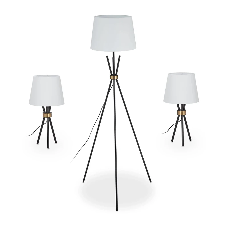 Relaxdays Tripod Lamps Set of 3, Floor Lamp & 2 Table Lamps, Retro Design, E27, 60 W, Tripod Lamps, Black/White