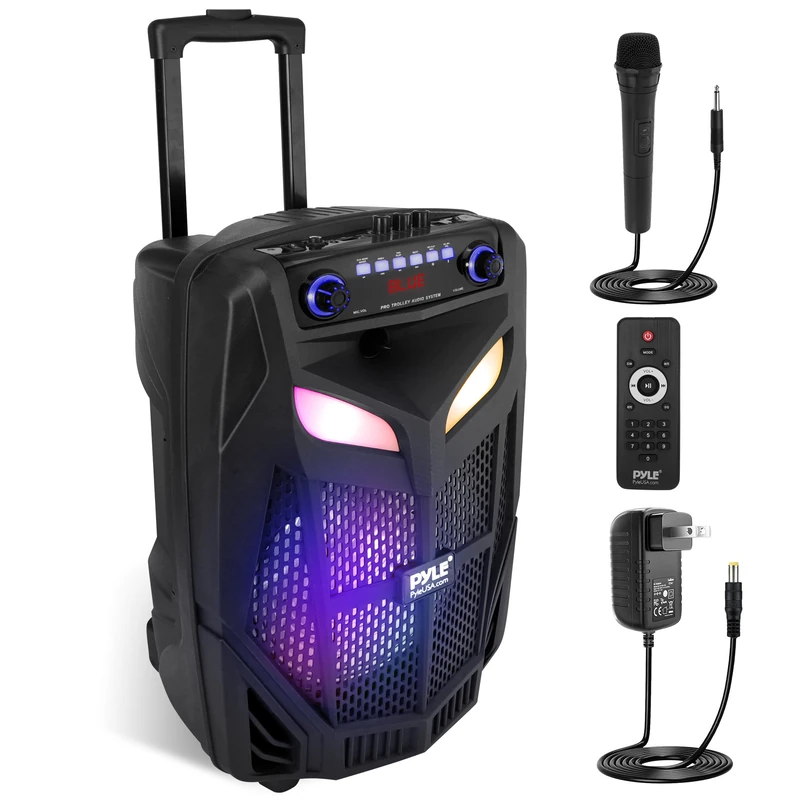 Pyle Portable Bluetooth PA Speaker System - 800W 12” Outdoor BT Speaker - Party Lights, USB/SD Card Reader/FM Radio, Rolling Wheels, Includes 2 Wireless Microphones, Remote Control (PPHP121WMB)